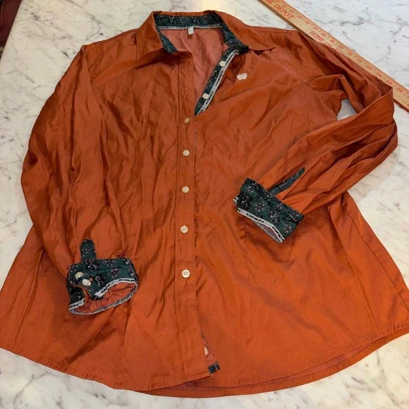 Cinch Womens XL Burnt Orange Rust Paisley Trim Button Down WesternShirt Long Slv - Picture 7 of 9
